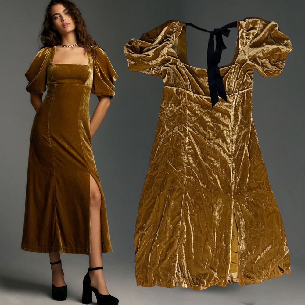 Anthropologie Velvet Puff Sleeve Open Back Tie Midi Dress Gold Ochre L XL